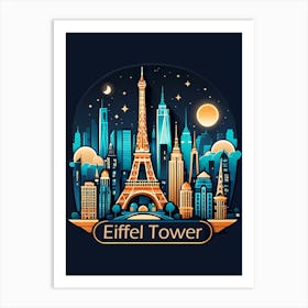 Skyline Night Eiffel Tower Art Print