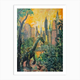 Dinosaur Sunrise Cityscape Tropical Painting Art Print