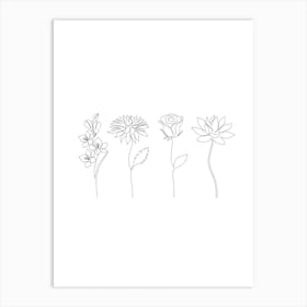 Four Flowers, Botanical, Line Art, Wall Print Art Print