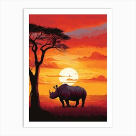 Rhinoceros Sunset Silhouette Painting 2 Art Print