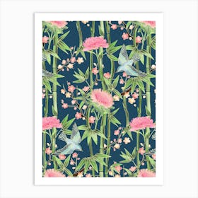 Bamboo Birds And Blossoms On Deep Teal Art Print