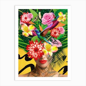 Mother Nature With Humming Bird Flowers And Tattoo In Gold, Yellow, Portrait of a Woman, Tropical, Floral Art Print