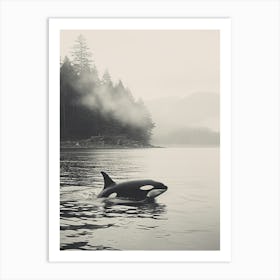 Misty Forest And Orca Whale Peeping Out Of Ocean Art Print