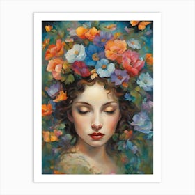 Woman With Flowers On Her Head Poster