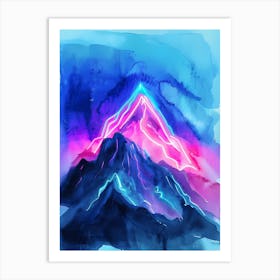 Watercolor Mountain With Neon Light  Art Print