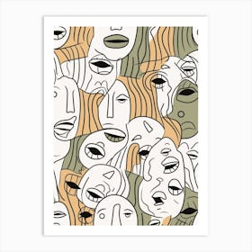 Khaki Green Abstract Face Line Drawing Art Print