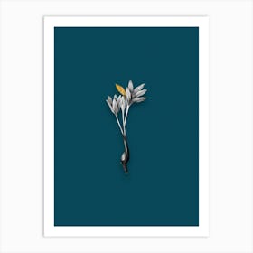 Vintage Autumn Crocus Black and White Gold Leaf Floral Art on Teal Blue n.0067 Art Print