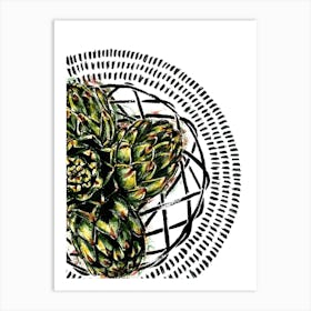 Watercolor and Ink Kitchen Fruit Illustration of Green Artichoke on a Plate Art Print