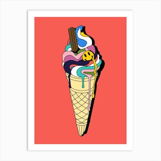 Happy Rave Psychedelic Smiley Face Ice Cream Cone Art Print
