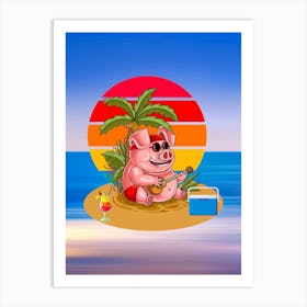 Colorful Pig Illustration Pig In Sunglasses On The Beach Under A Palm Tree Playing Music 2 Art Print