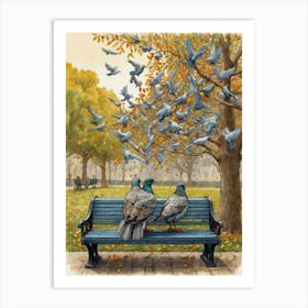 Pigeons On A Bench Art Print