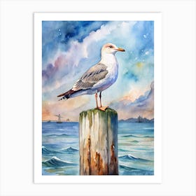 Seagull On A Wooden Post Art Print