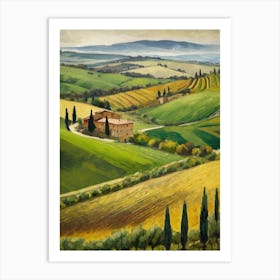 A Picturesque Tuscan Landscape With Rolling Hills And Vineyards Art Print