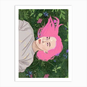 Girl in flowers, Sunshine (pink hair) Art Print