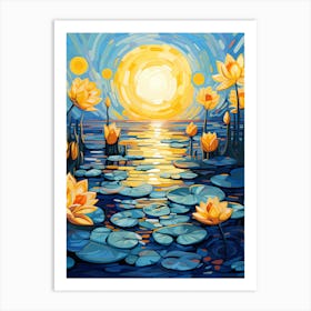 Golden Lotus Flower Sunrise, Vincent Van Gogh Inspired Art Print
