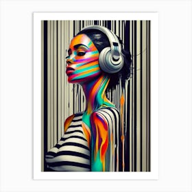 Woman With Headphones Listening To Music Art Print