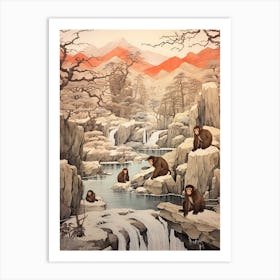 Jigokudani Monkey Park In Nagano, Ukiyo E Drawing 1 Art Print