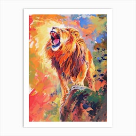 Asiatic Lion Roaring On A Cliff Fauvist Painting 2 Art Print