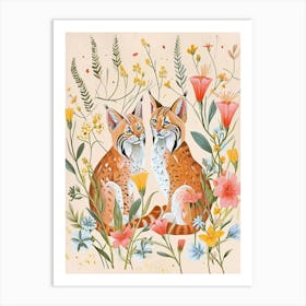 Folksy Floral Animal Drawing Bobcat 3 Art Print