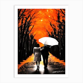 White Umbrella Stroll - Couple Walking In The Park Art Print