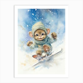 Monkey Painting Snow Boarding Watercolour 3 Art Print