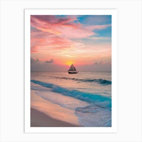 Sailboat On The Beach At Sunset Art Print