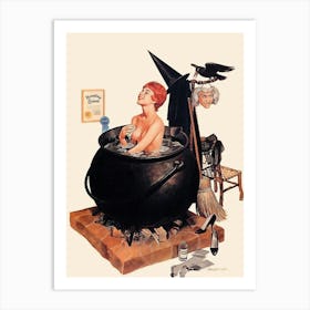 Pinup Witch Having A Bath In A Big Black Bowl Art Print