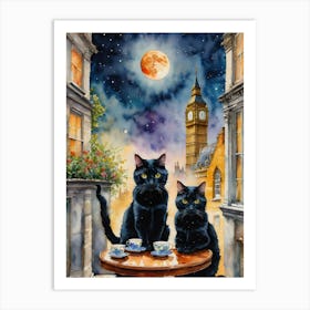 Watercolor Black Cat Friends Have Tea in London on a Full Moon Art Print