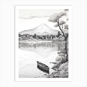 Lake Toya In Hokkaido, Ukiyo E Black And White Line Art Drawing 3 Art Print