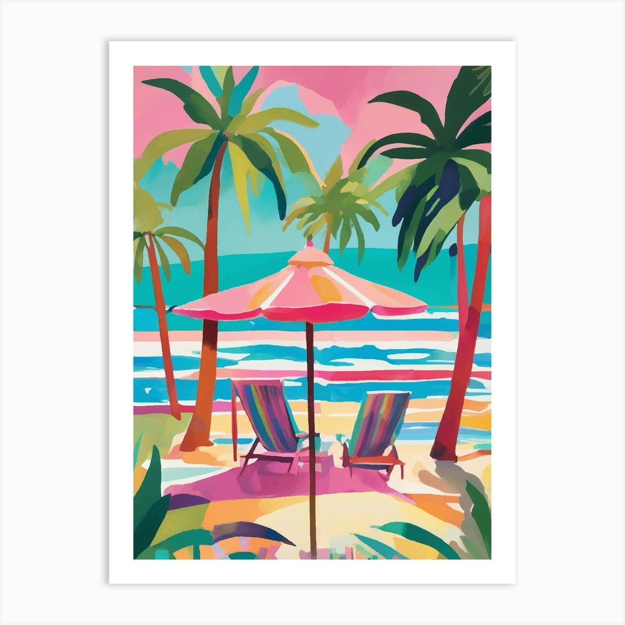 Pink Beach Chairs And Umbrella Art Print by Palmito