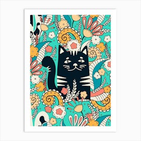 Kitten In The Spring Garden, Turquoise background Art Print