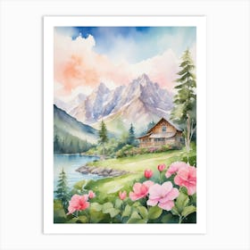 Watercolor Of A Mountain Cabin Art Print