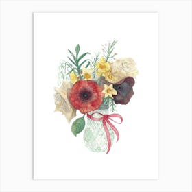 Bouquet Of Roses And Poppies In A Vintage Vase With A Pink Ribbon Art Print