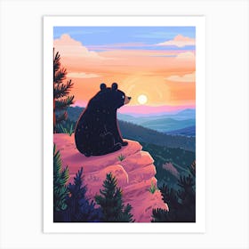 American Black Bear Looking At A Sunset From A Mountain Storybook Illustration 2 Art Print