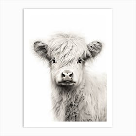 Black & White Illustration Of Baby Highland Cow Art Print
