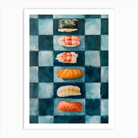 Nigiri Sushi Blue Checkerboard 1 Art Print