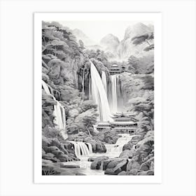 Nachi Falls In Wakayama, Ukiyo E Black And White Line Art Drawing 1 Art Print