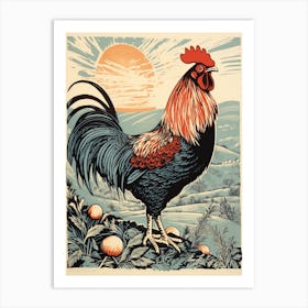 Vintage Bird Linocut Chicken 1 Art Print