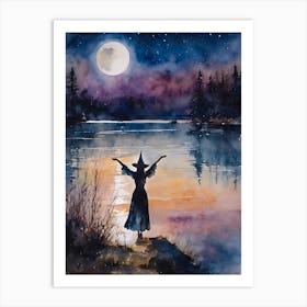 Moon Worship - Witch Drawing Down the Moon by a Lake on a Summer's Eve - Pagan Spellcasting Nature Loving Fairytale Original Watercolor by Lyra the Lavender Witch - Perfect For Witchycore Cottagecore Full Moon Witchy Gallery Feature Wall HD Art Print