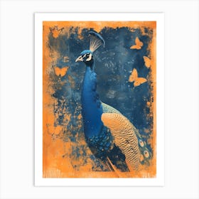 Orange & Navy Blue Peacock With Butterflies Art Print