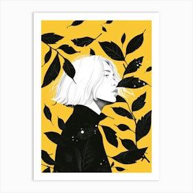 Black And White Girl With Leaves Art Print