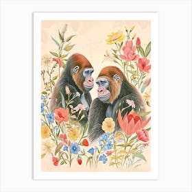 Folksy Floral Animal Drawing Gorilla 3 Art Print