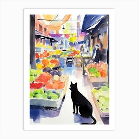 Food Market With Cats In Brooklyn 2 Watercolour Art Print