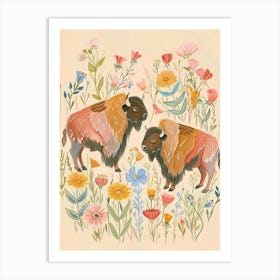 Folksy Floral Animal Drawing Bison Art Print