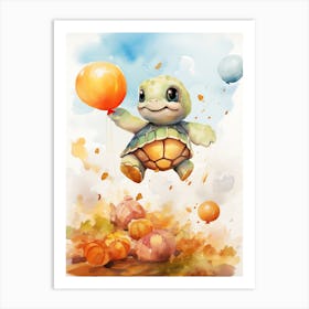 Turtle Flying With Autumn Fall Pumpkins And Balloons Watercolour Nursery 2 Art Print