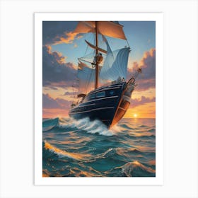 Sailing Ship At Sunset Art Print