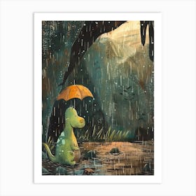 Dinosaur Sheltering From The Rain Storybook Style 1 Art Print