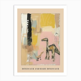 Dinosaur & Baby Dinosaur Muted Impasto Poster Art Print