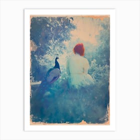 Vintage Photograph Of Peacock With Red Haired Woman Art Print