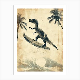 Vintage Utahraptor Dinosaur On A Surf Board 1 Art Print